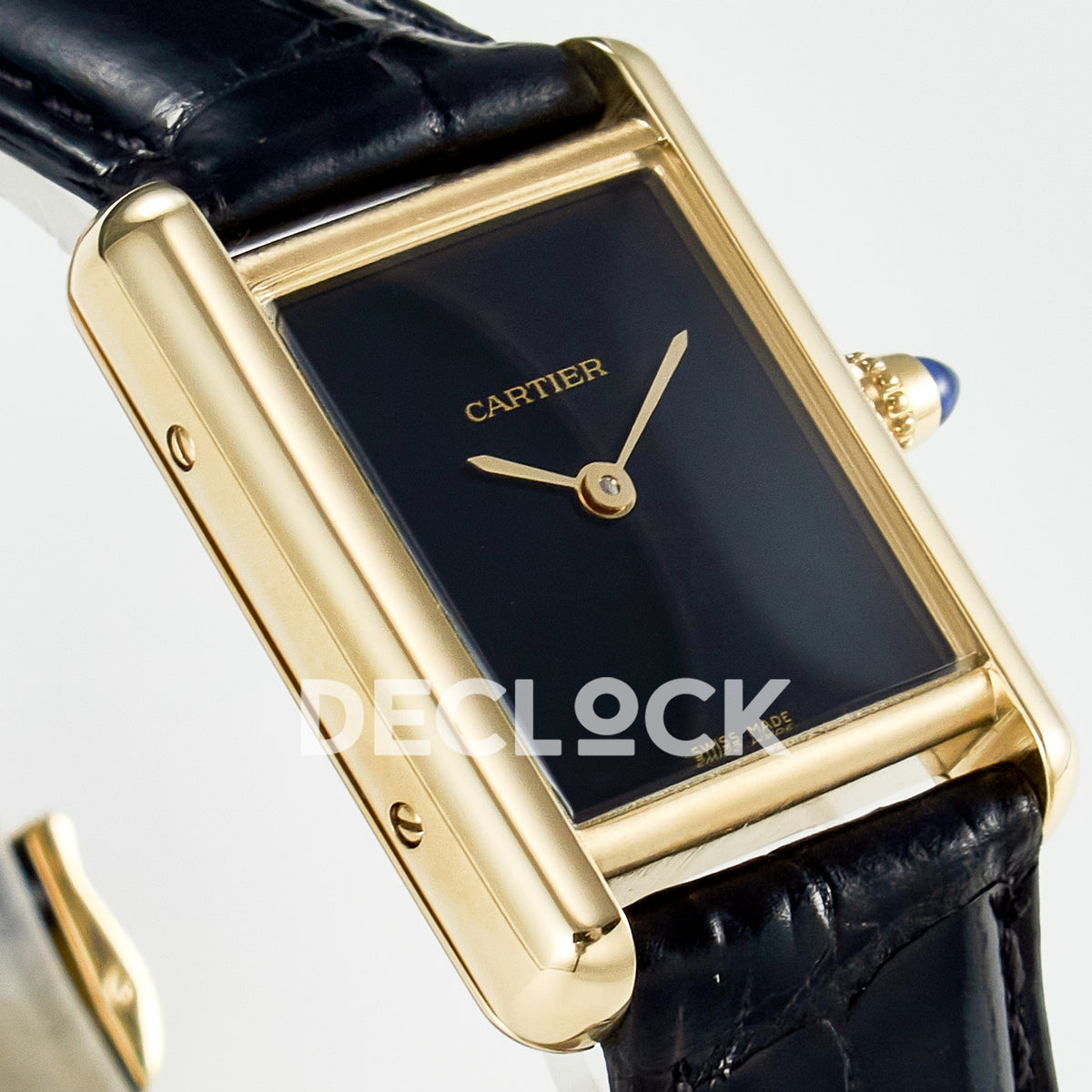 Cartier Tank Louis Small 29x22mm Yellow Gold Black Dial Black Leather Asian AAA+ Replica – dial angle