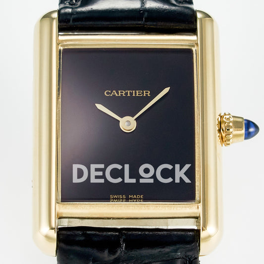 Cartier Tank Louis Small 29x22mm Yellow Gold Black Dial Black Leather Asian AAA+ Replica – dial front