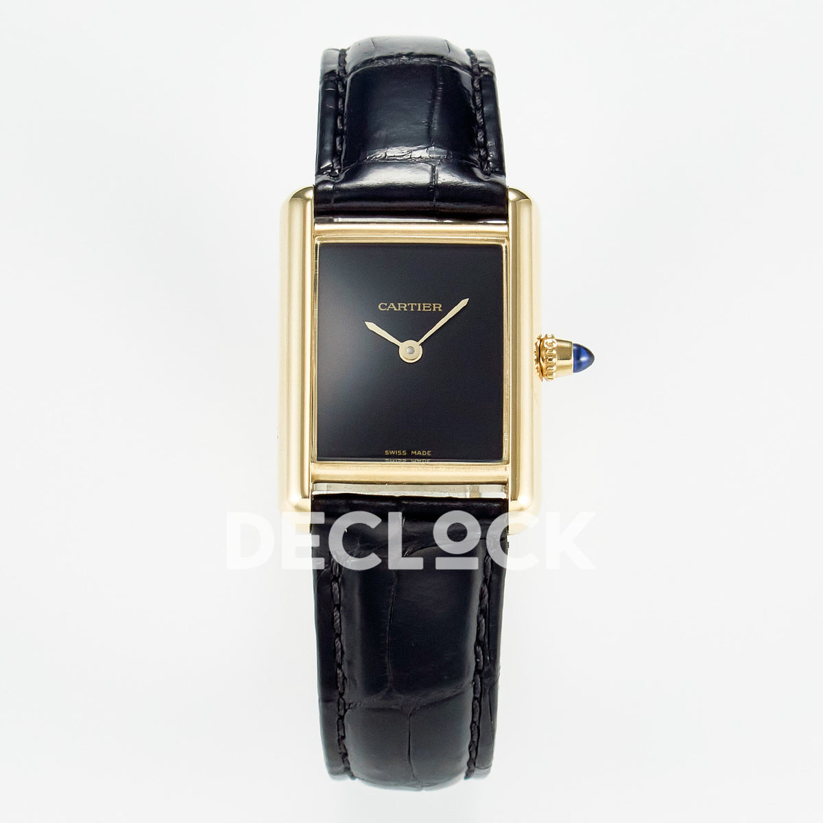 Cartier Tank Louis Small 29x22mm Yellow Gold Black Dial Black Leather Asian AAA+ Replica – front