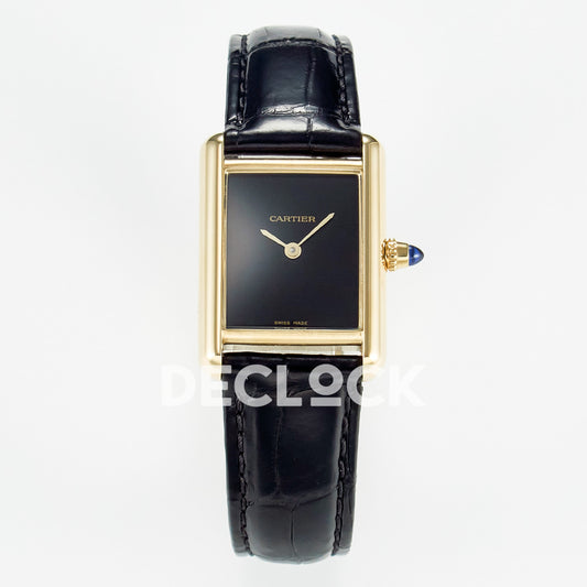 Cartier Tank Louis Small 29x22mm Yellow Gold Black Dial Black Leather Asian AAA+ Replica – front
