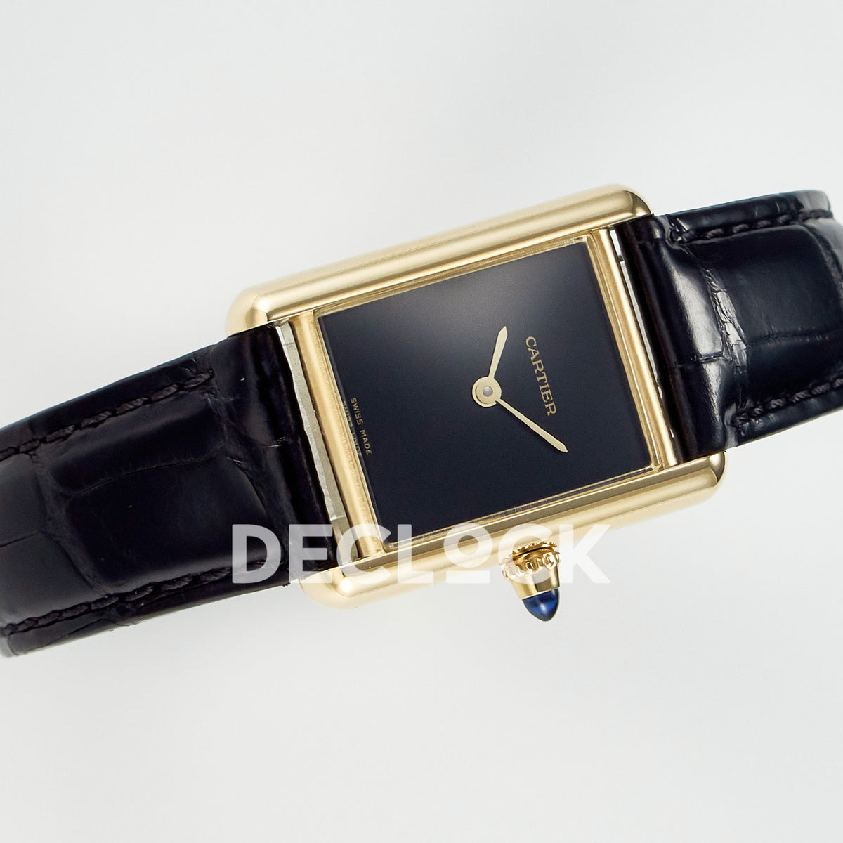 Cartier Tank Louis Small 29x22mm Yellow Gold Black Dial Black Leather Asian AAA+ Replica – strap view
