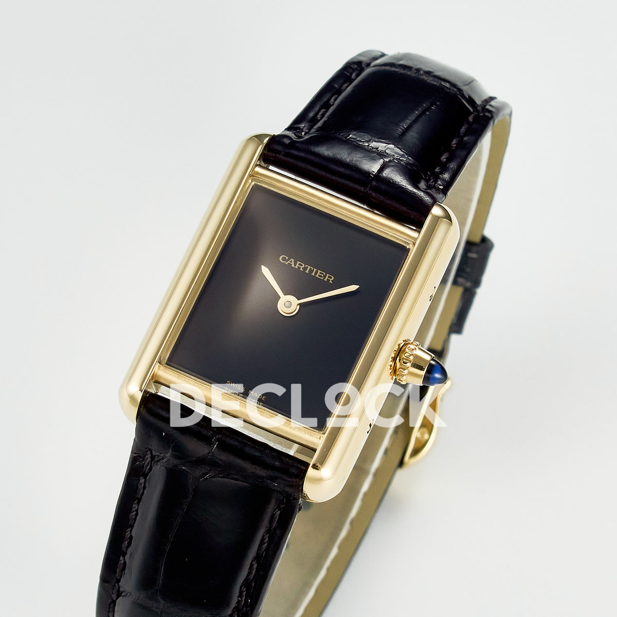 Cartier Tank Louis Small 29x22mm Yellow Gold Black Dial Black Leather Asian AAA+ Replica – three quarter