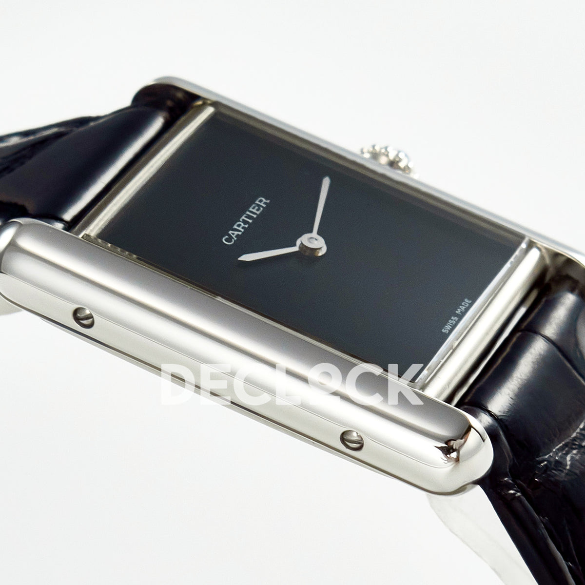 Cartier Tank Must Large 33.7x25.5mm Steel Black Dial Black Leather Asian AAA+ Replica – case angle