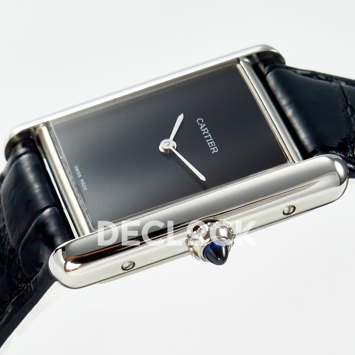 Cartier Tank Must Large 33.7x25.5mm Steel Black Dial Black Leather Asian AAA+ Replica – crown angle