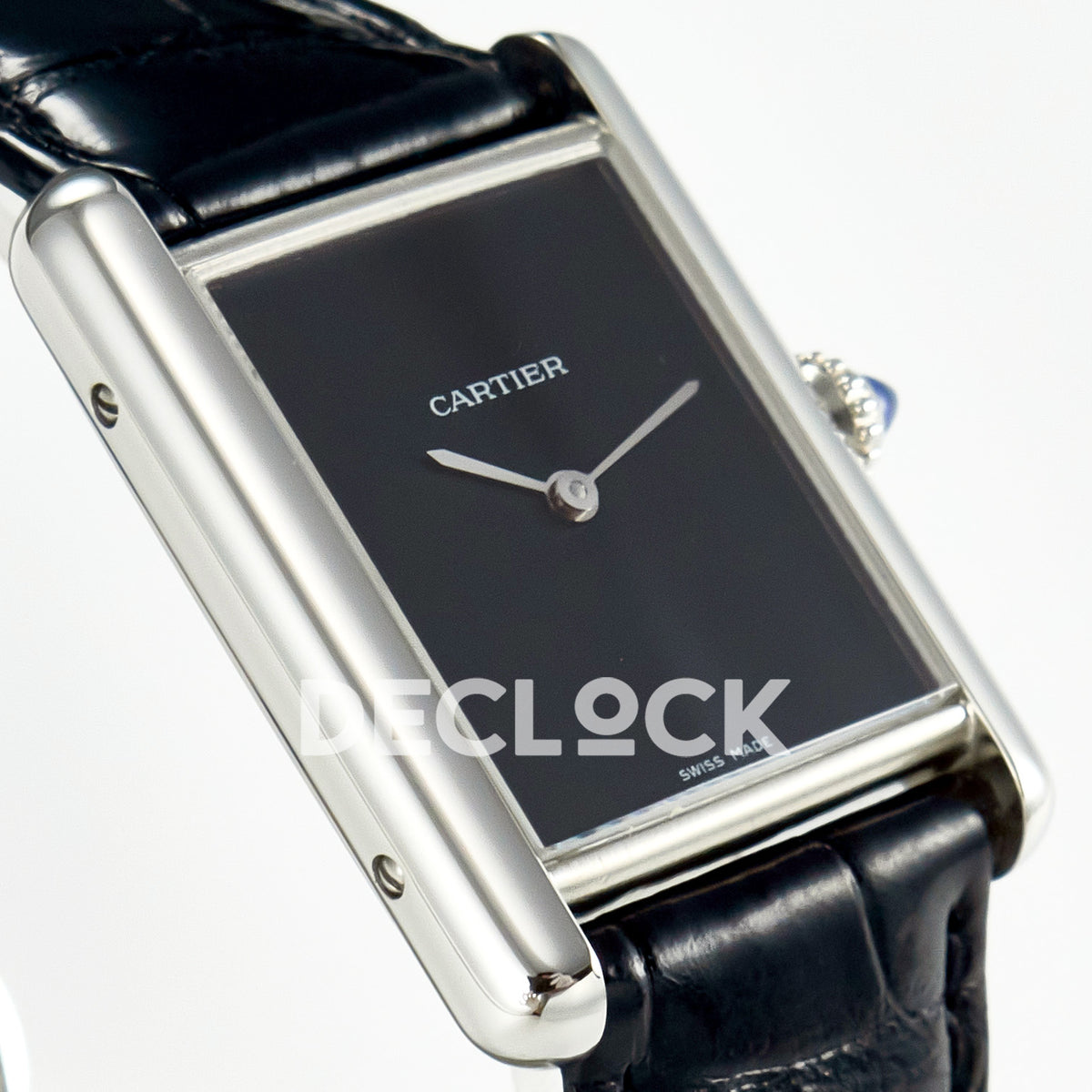 Cartier Tank Must Large 33.7x25.5mm Steel Black Dial Black Leather Asian AAA+ Replica – dial angle