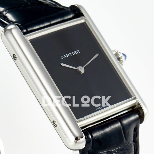 Cartier Tank Must Large 33.7x25.5mm Steel Black Dial Black Leather Asian AAA+ Replica – dial angle