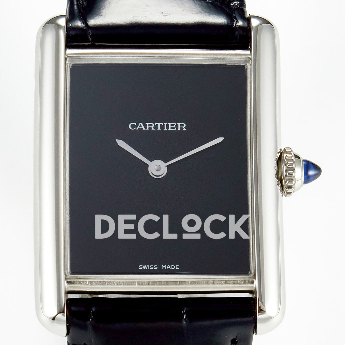 Cartier Tank Must Large 33.7x25.5mm Steel Black Dial Black Leather Asian AAA+ Replica – dial front