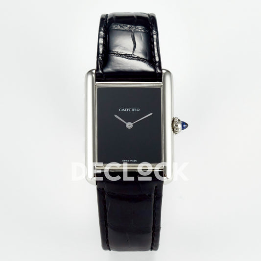 Cartier Tank Must Large 33.7x25.5mm Steel Black Dial Black Leather Asian AAA+ Replica – front