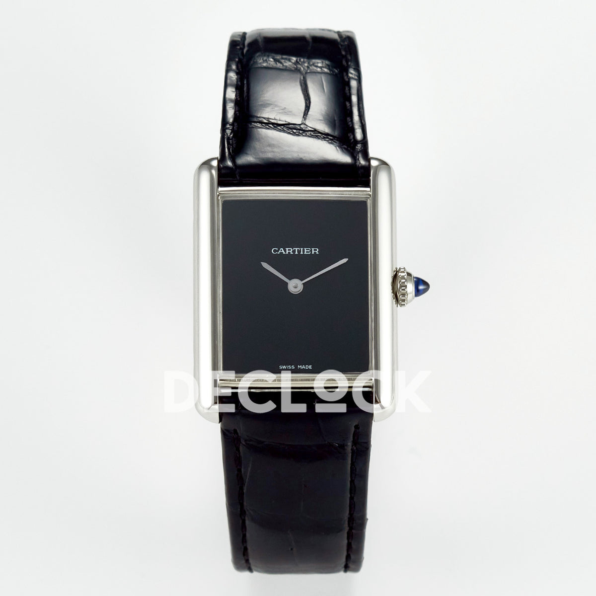 Cartier Tank Must Large 33.7x25.5mm Steel Black Dial Black Leather Asian AAA+ Replica – front