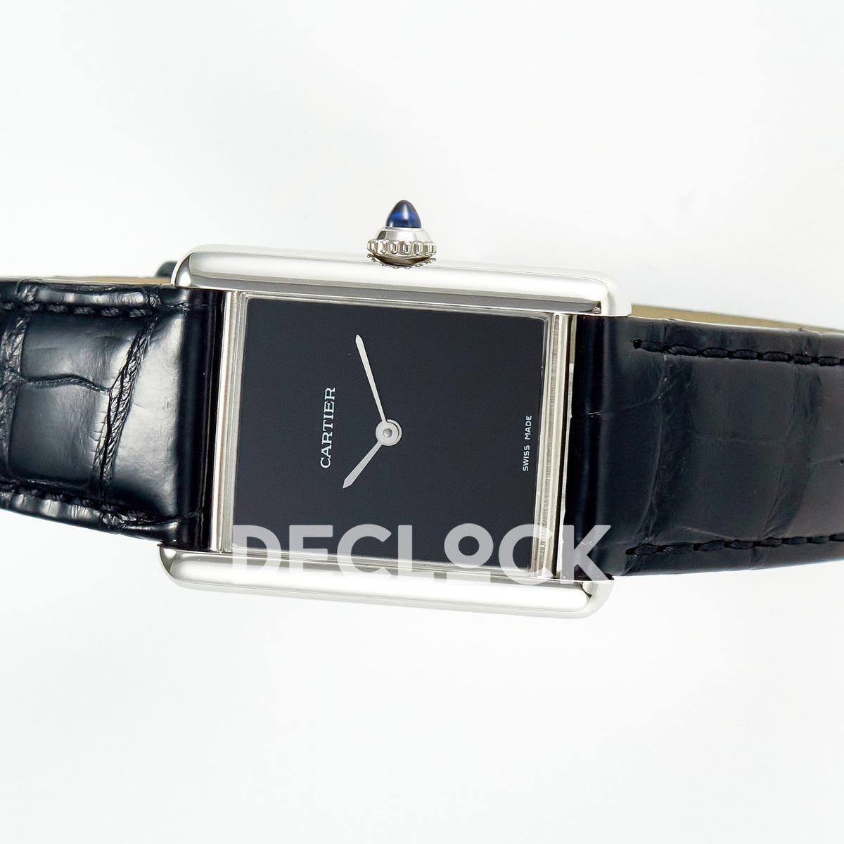 Cartier Tank Must Large 33.7x25.5mm Steel Black Dial Black Leather Asian AAA+ Replica – side angle
