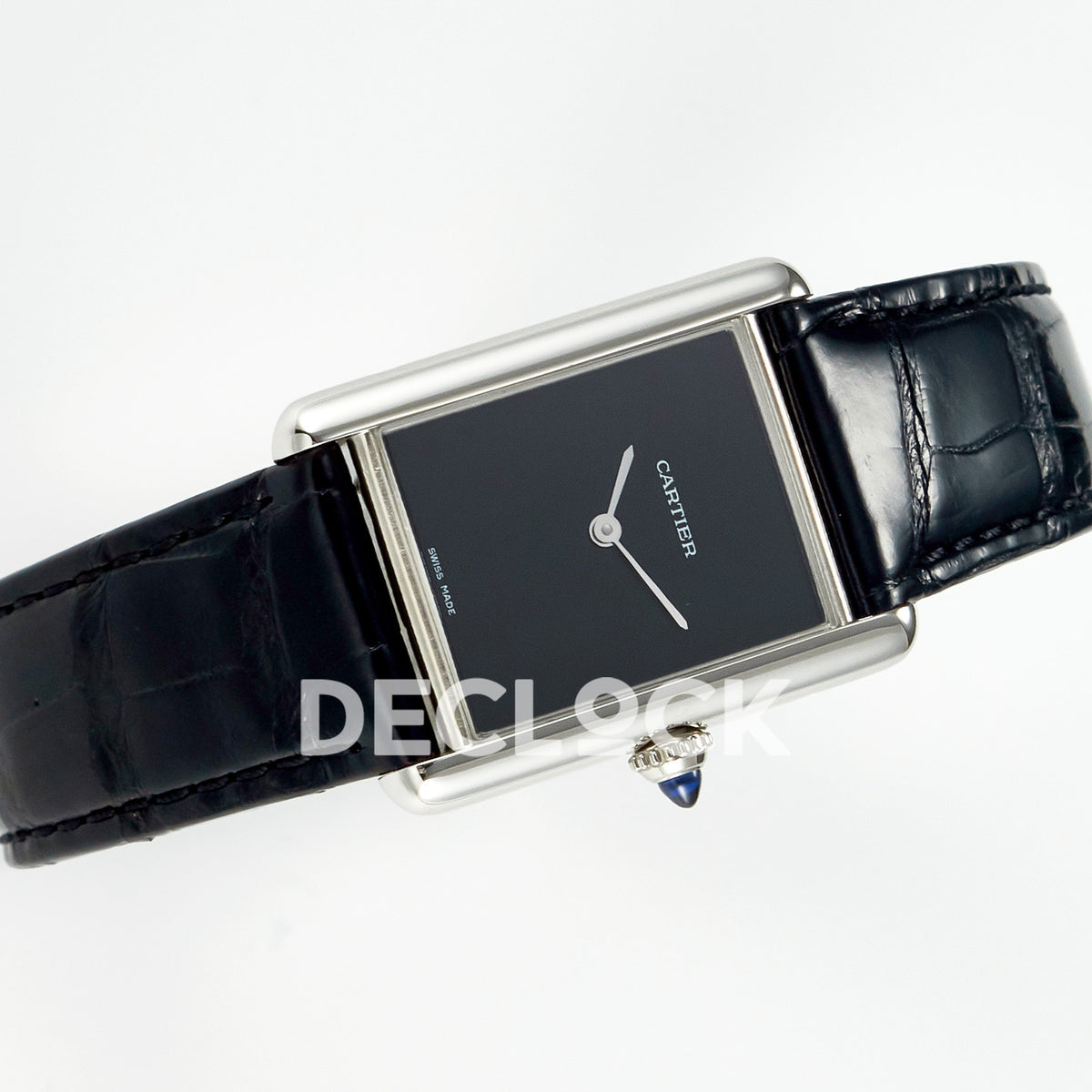Cartier Tank Must Large 33.7x25.5mm Steel Black Dial Black Leather Asian AAA+ Replica – strap view