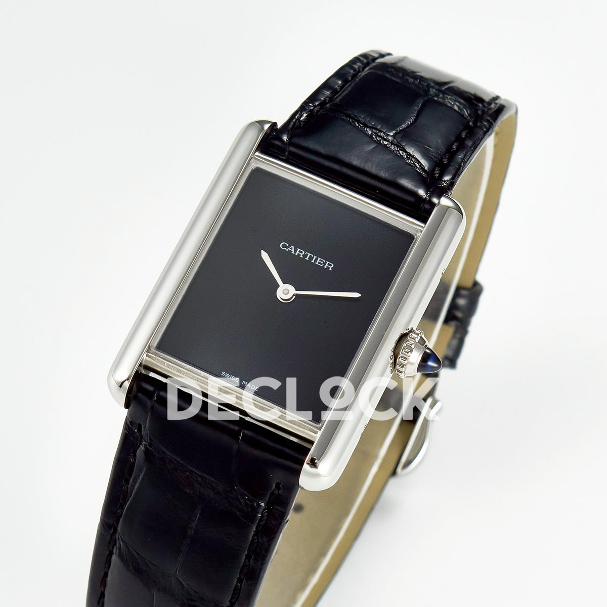 Cartier Tank Must Large 33.7x25.5mm Steel Black Dial Black Leather Asian AAA+ Replica – three quarter