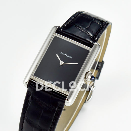 Cartier Tank Must Large 33.7x25.5mm Steel Black Dial Black Leather Asian AAA+ Replica – three quarter