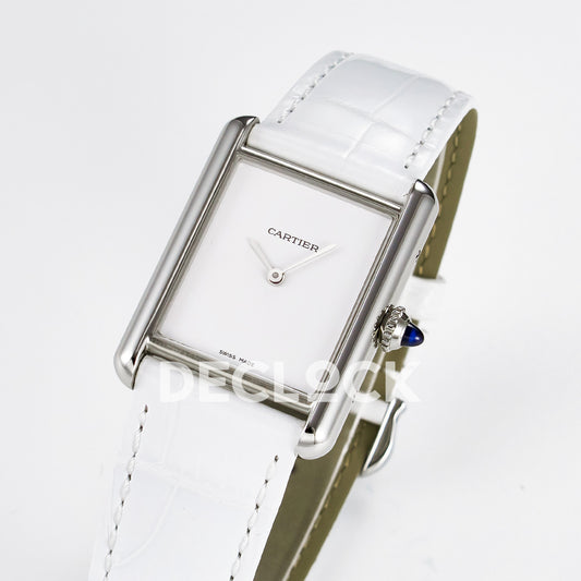 Cartier Tank Must Large 33.7x25.5mm Steel White Dial White Leather Asian AAA+ Replica – three quarter