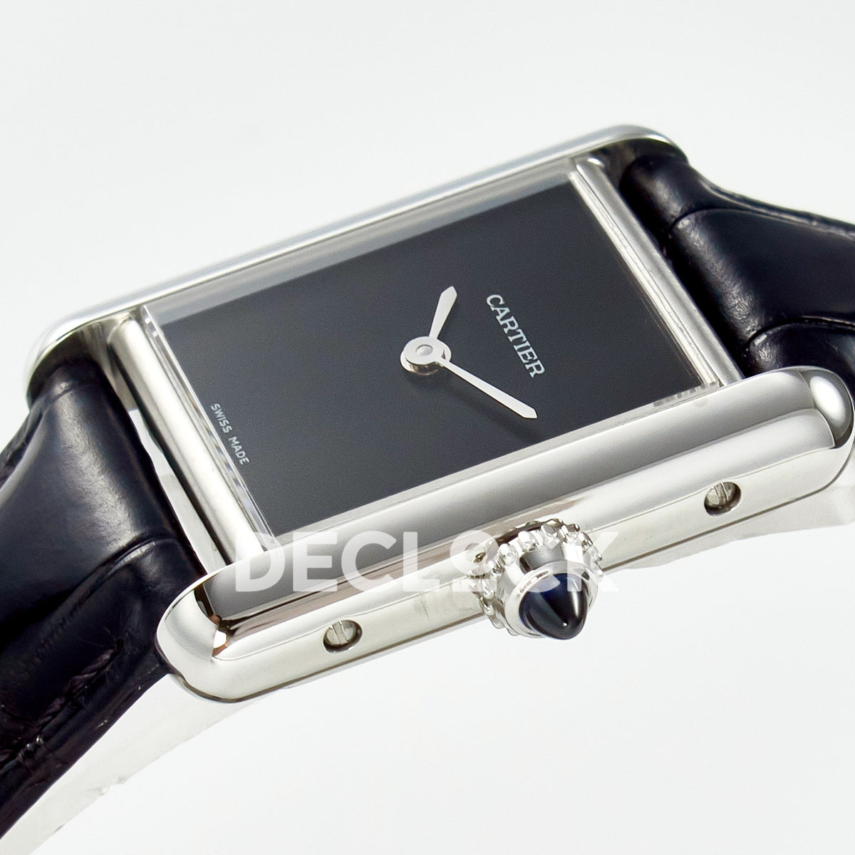 Cartier Tank Must Small 29x22mm Steel Black Dial Black Leather Asian AAA+ Replica – crown angle