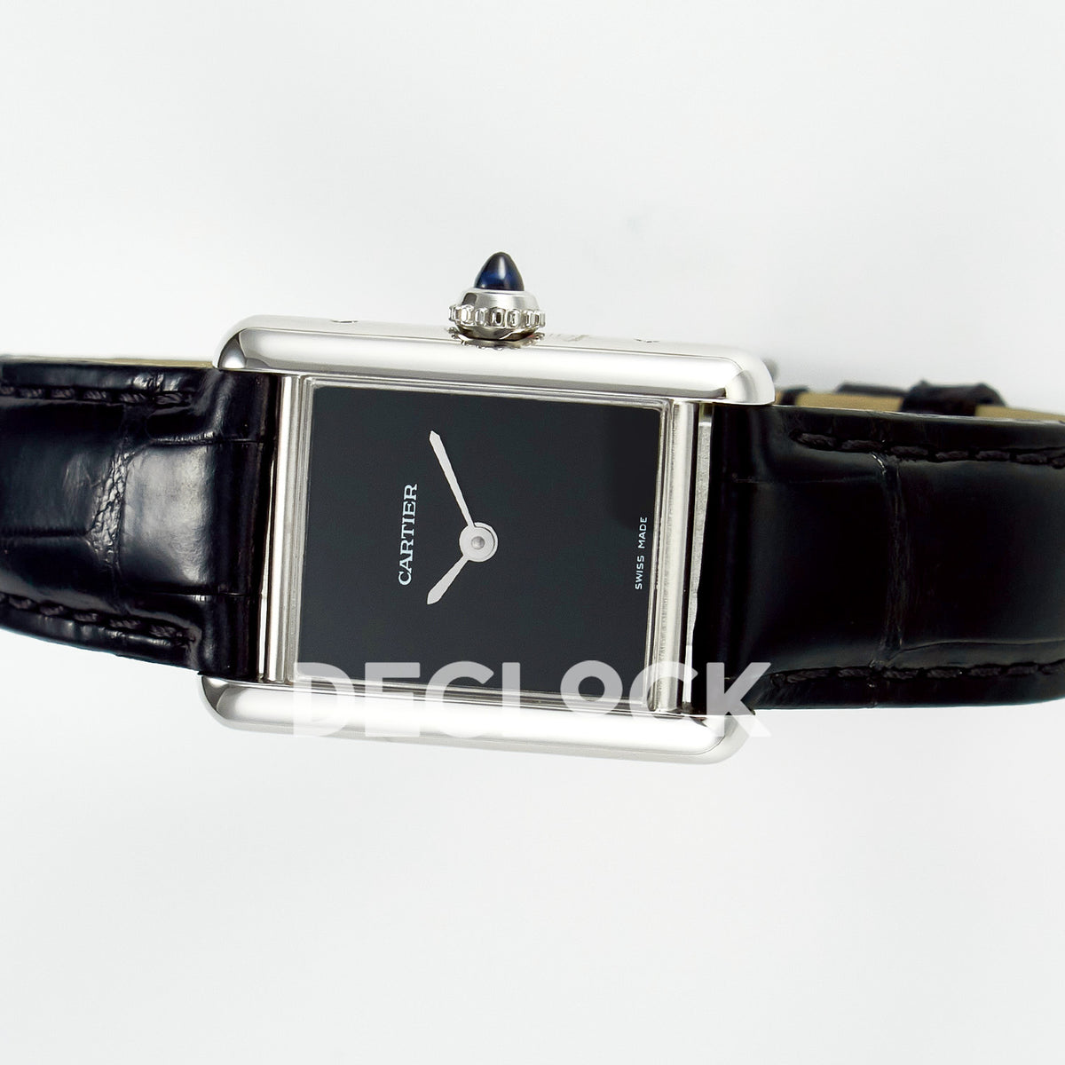 Cartier Tank Must Small 29x22mm Steel Black Dial Black Leather Asian AAA+ Replica – side angle