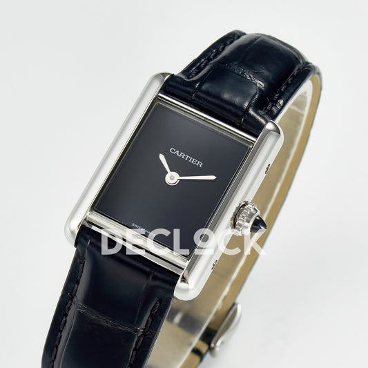 Cartier Tank Must Small 29x22mm Steel Black Dial Black Leather Asian AAA+ Replica – three quarter
