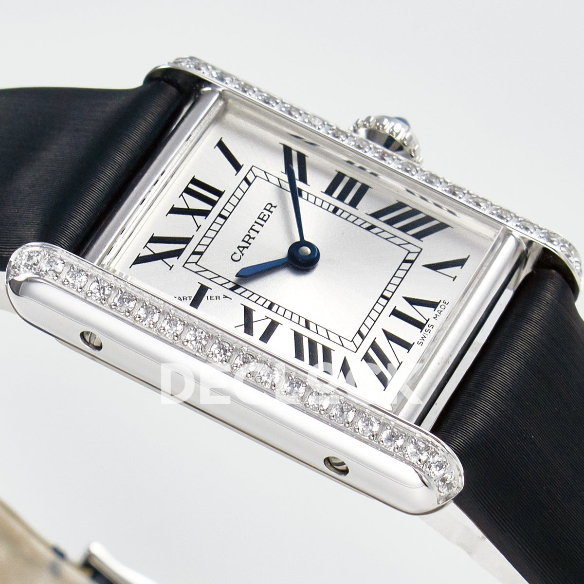Cartier Tank Must Small 29x22mm Steel White Dial Black Leather Stone Bezel Asian AAA+ Replica – case angle