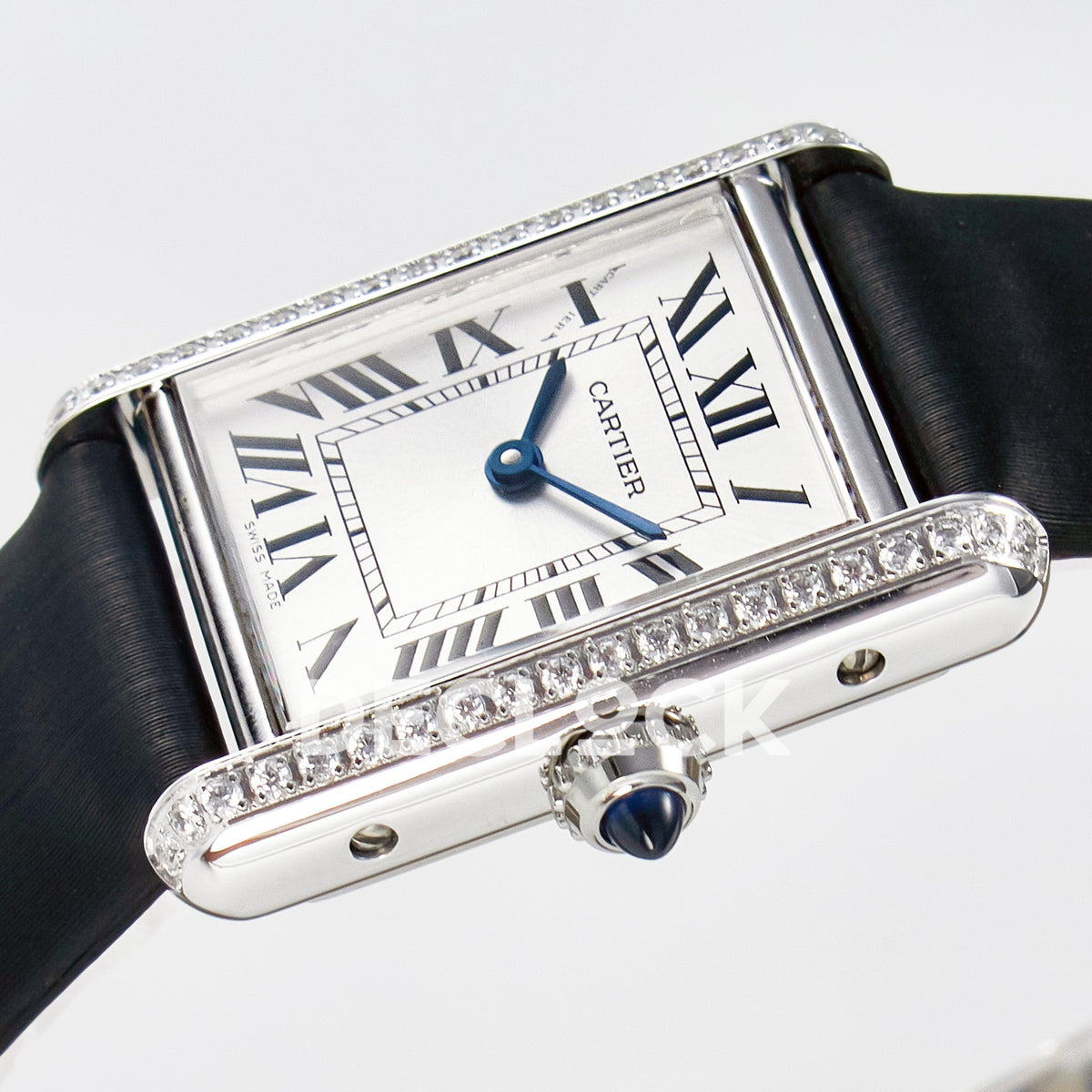 Cartier Tank Must Small 29x22mm Steel White Dial Black Leather Stone Bezel Asian AAA+ Replica – crown angle