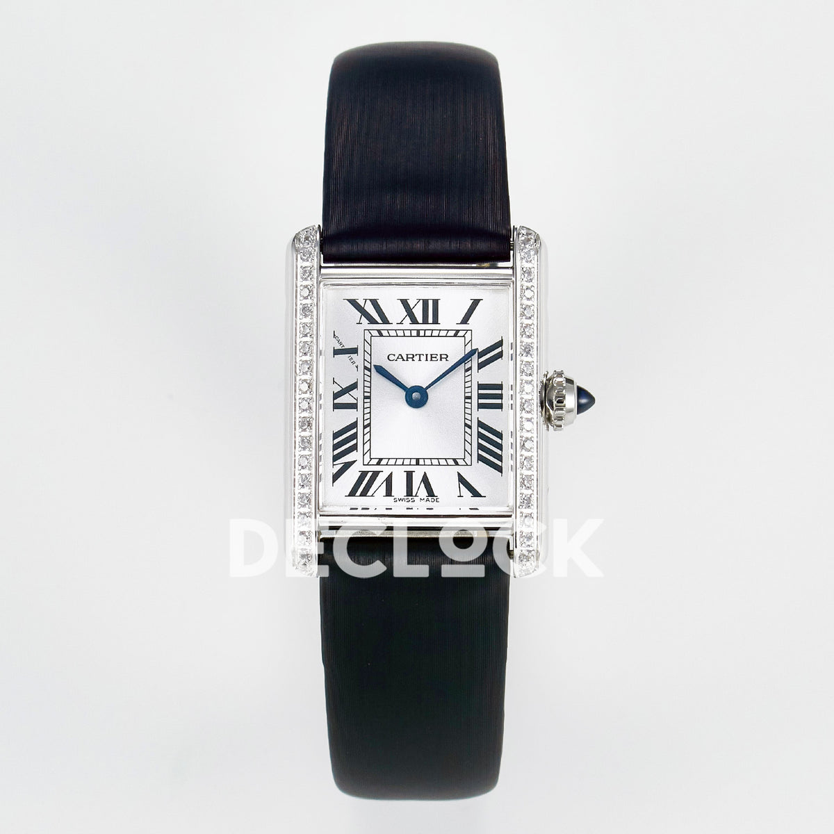 Cartier Tank Must Small 29x22mm Steel White Dial Black Leather Stone Bezel Asian AAA+ Replica – front
