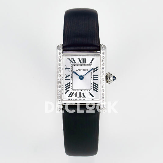 Cartier Tank Must Small 29x22mm Steel White Dial Black Leather Stone Bezel Asian AAA+ Replica – front