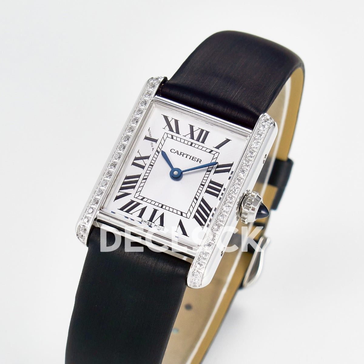 Cartier Tank Must Small 29x22mm Steel White Dial Black Leather Stone Bezel Asian AAA+ Replica – three quarter