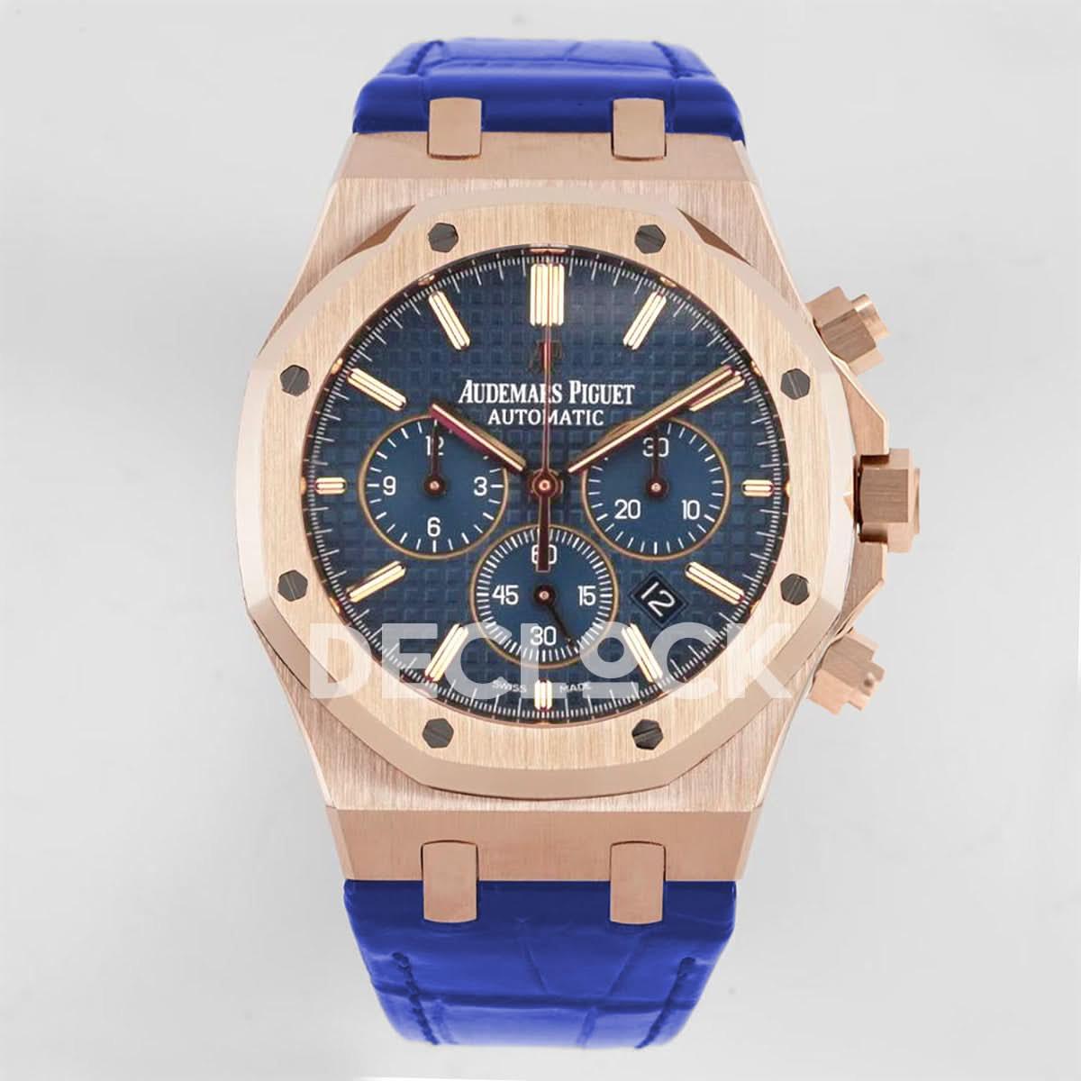 Replica Audemars Pigeut Royal Oak Chronograph 26320OR RG in Blue Strap |  Declock.