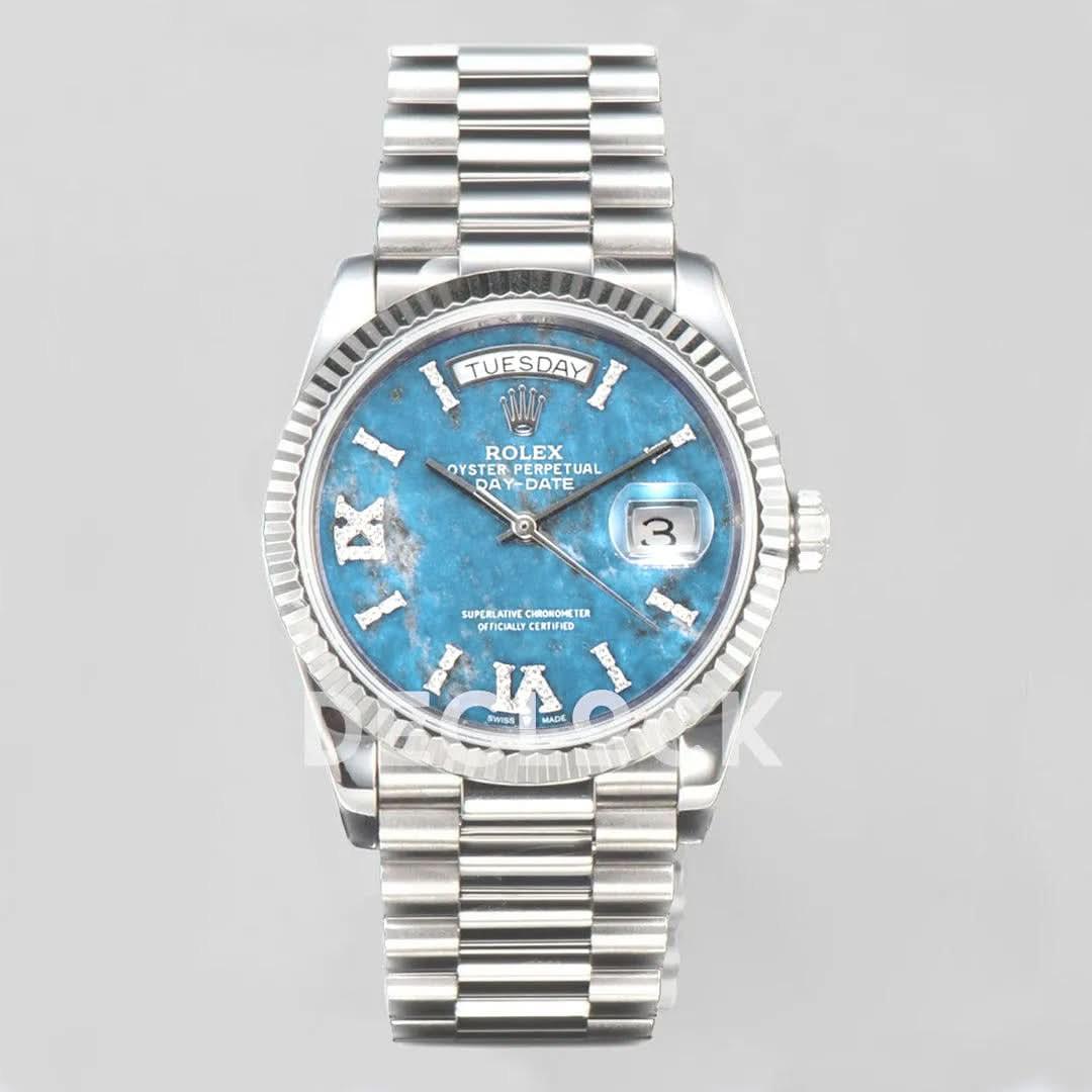 Replica Rolex Day-Date 36 128236 Diamond Roman Dial in Platinum |  Declock.