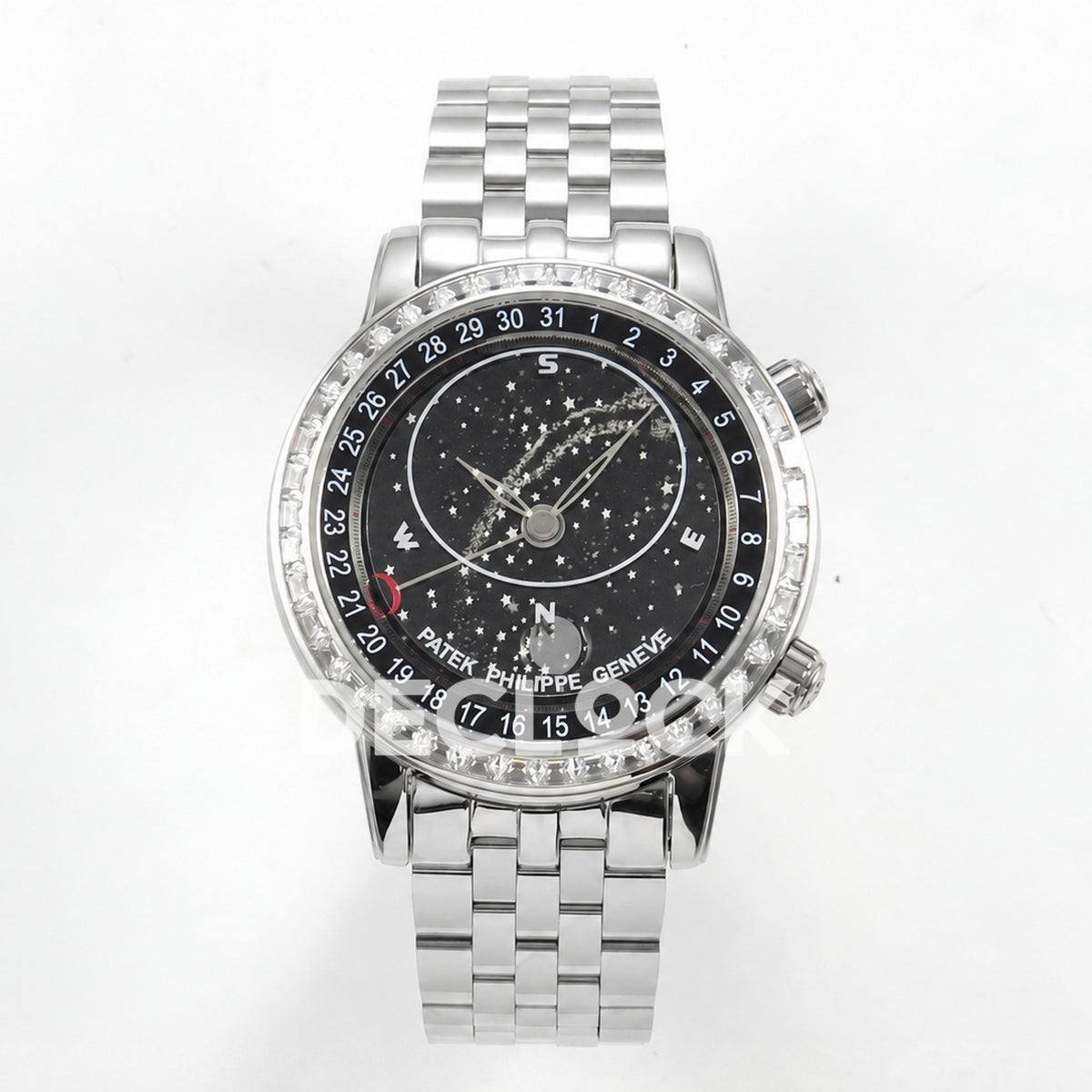 Patek Philippe Celestial 6102 BLSF replica with black dial, gem-set bezel and steel bracelet — full front view