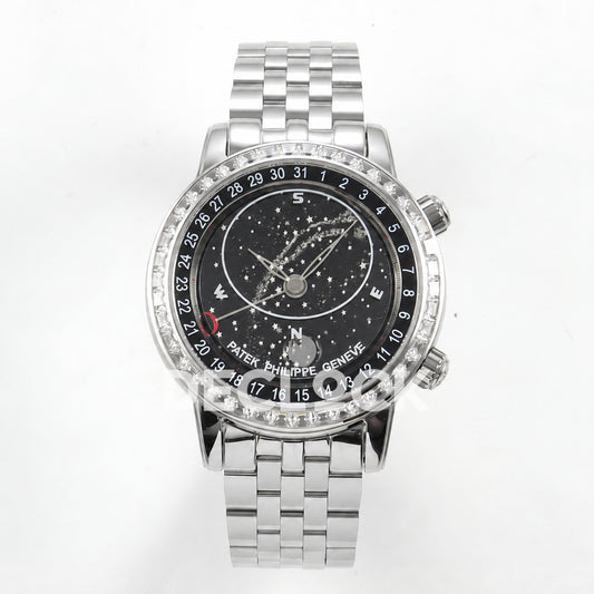 Patek Philippe Celestial 6102 BLSF replica with black dial, gem-set bezel and steel bracelet — full front view