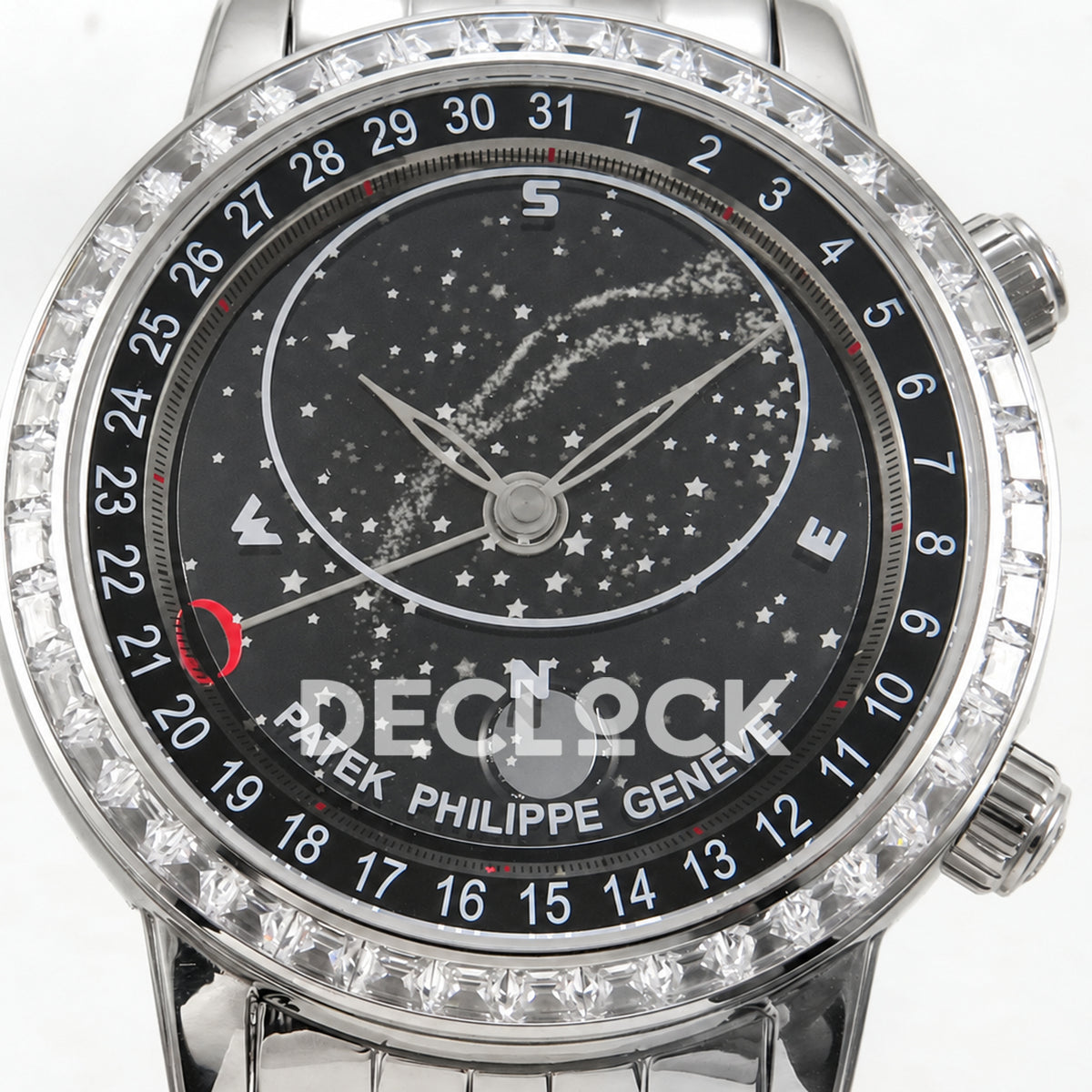 Patek Philippe Celestial 6102 BLSF replica with black dial, gem-set bezel and steel bracelet — front dial close-up