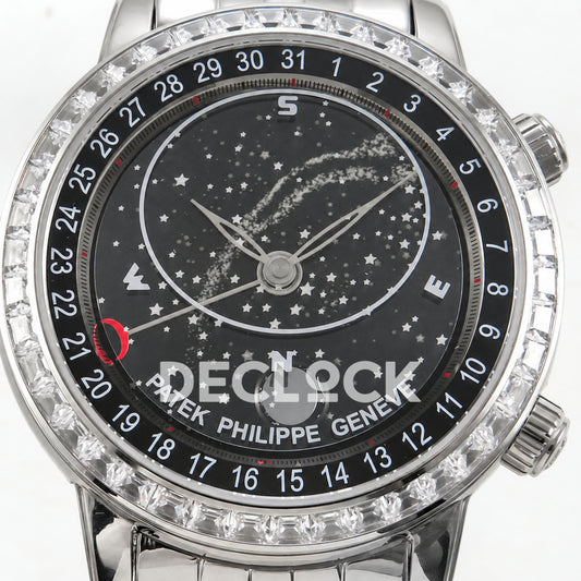 Patek Philippe Celestial 6102 BLSF replica with black dial, gem-set bezel and steel bracelet — front dial close-up