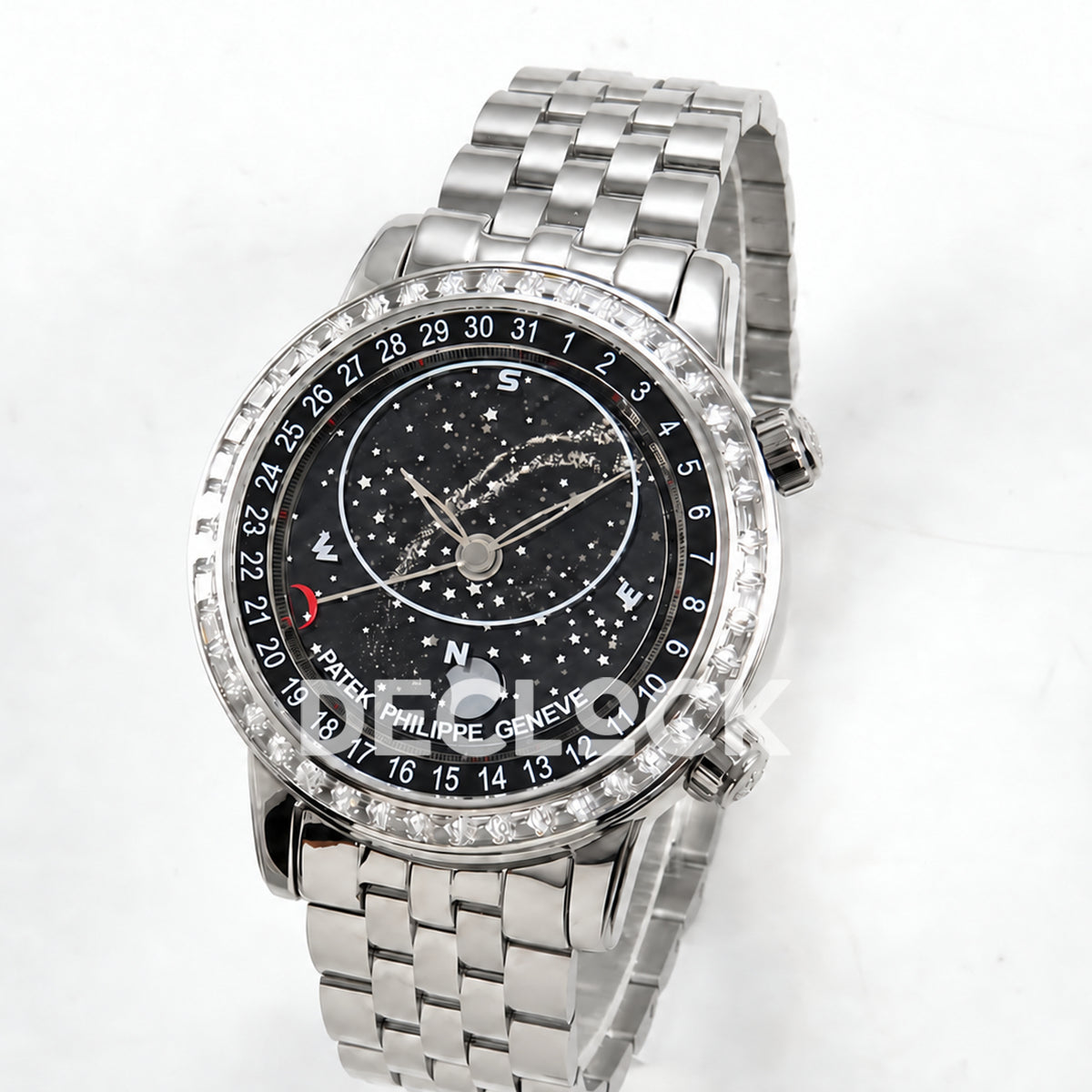 Patek Philippe Celestial 6102 BLSF replica with black dial, gem-set bezel and steel bracelet — angled front view
