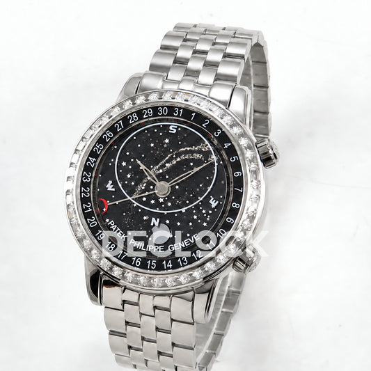 Patek Philippe Celestial 6102 BLSF replica with black dial, gem-set bezel and steel bracelet — angled front view