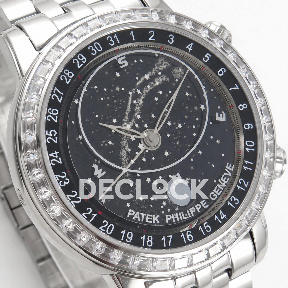Patek Philippe Celestial 6102 BLSF replica with black dial, gem-set bezel and steel bracelet — dial close-up from above