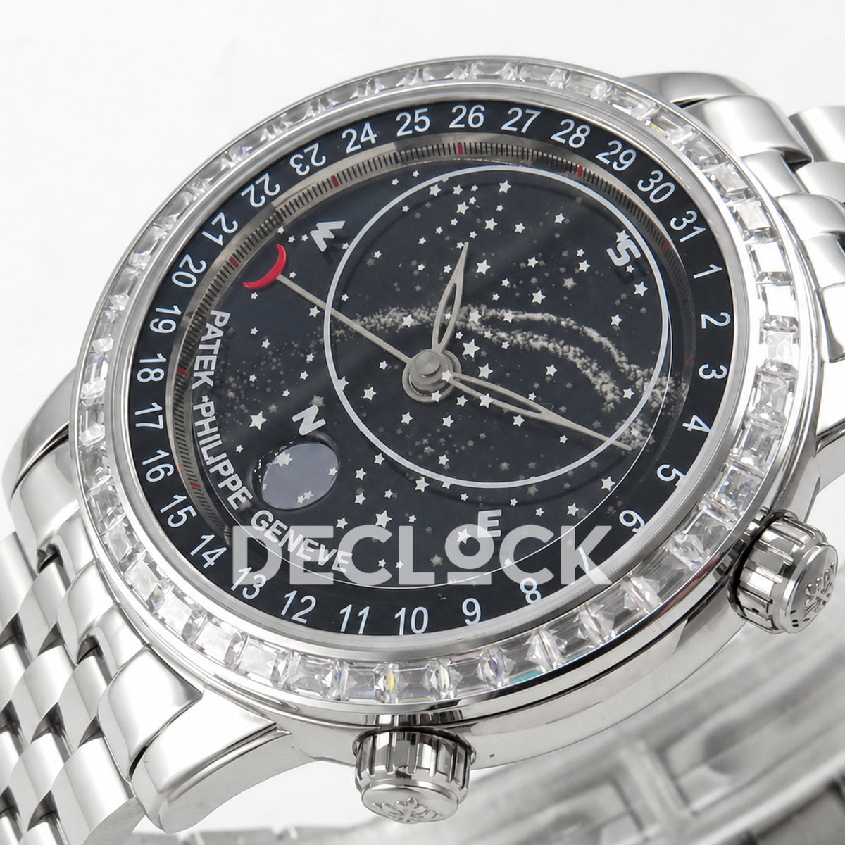 Patek Philippe Celestial 6102 BLSF replica with black dial, gem-set bezel and steel bracelet — low-angle crown-side dial