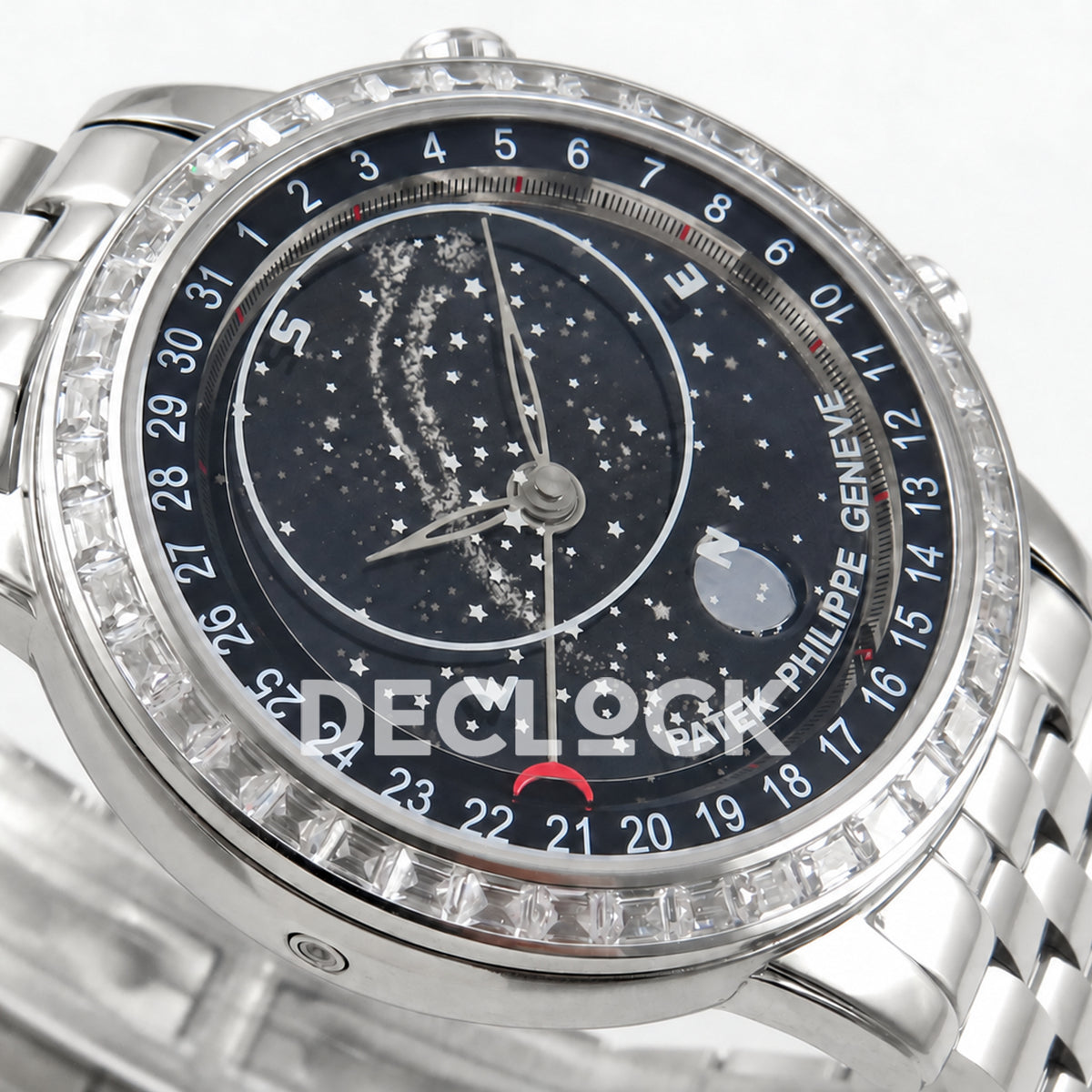 Patek Philippe Celestial 6102 BLSF replica with black dial, gem-set bezel and steel bracelet — opposite low-angle dial