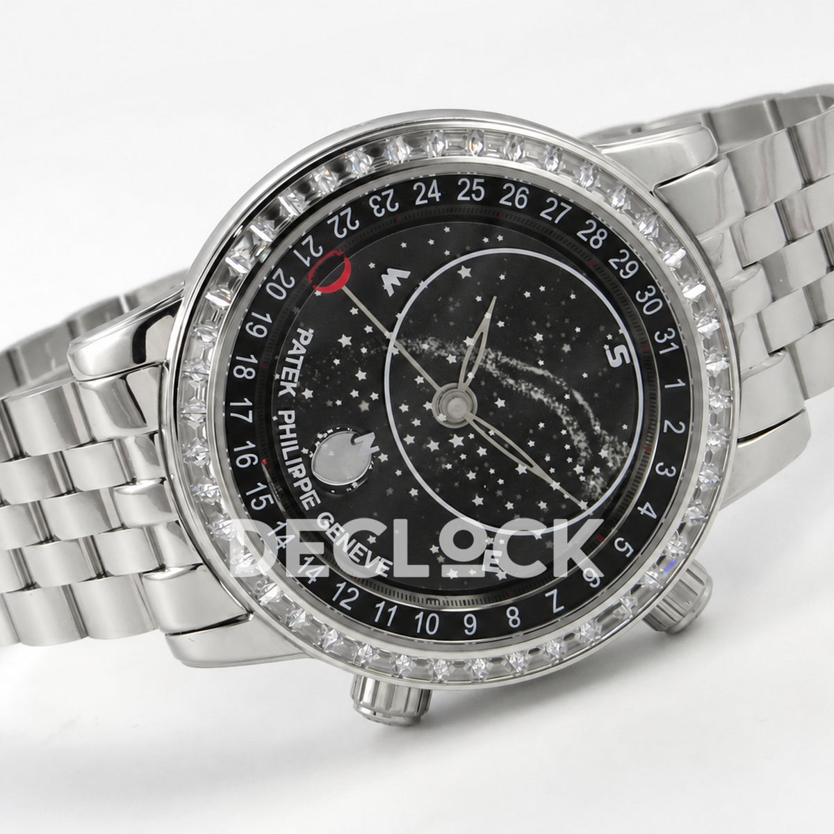 Patek Philippe Celestial 6102 BLSF replica with black dial, gem-set bezel and steel bracelet — horizontal front view