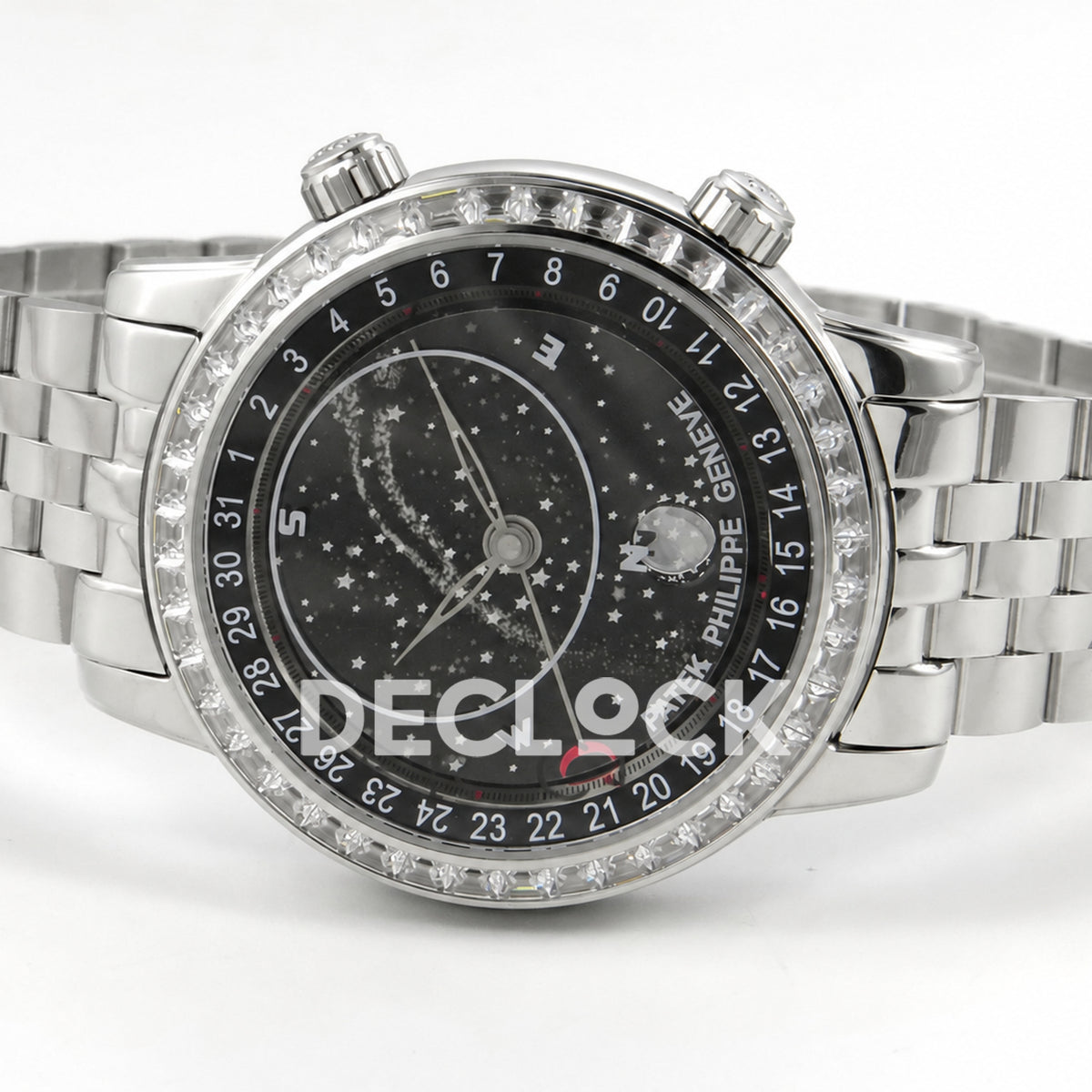 Patek Philippe Celestial 6102 BLSF replica with black dial, gem-set bezel and steel bracelet — opposite horizontal front view