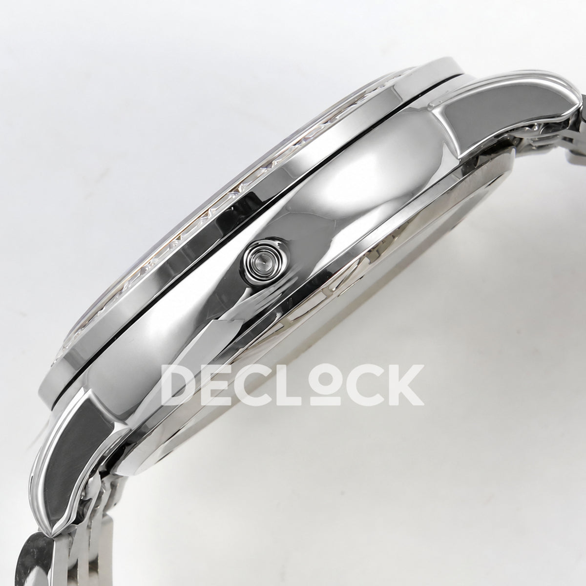 Patek Philippe Celestial 6102 BLSF replica with black dial, gem-set bezel and steel bracelet — case profile with pusher