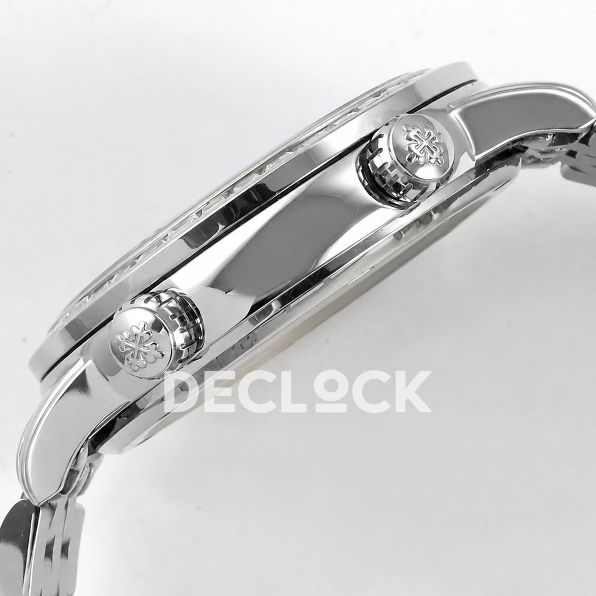 Patek Philippe Celestial 6102 BLSF replica with black dial, gem-set bezel and steel bracelet — dual-crown case profile