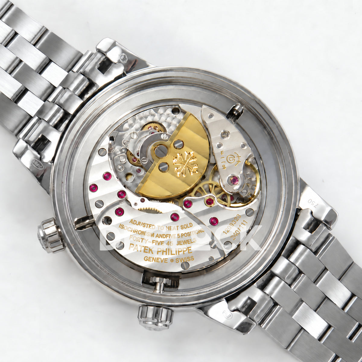 Patek Philippe Celestial 6102 BLSF replica with black dial, gem-set bezel and steel bracelet — open movement with micro rotor