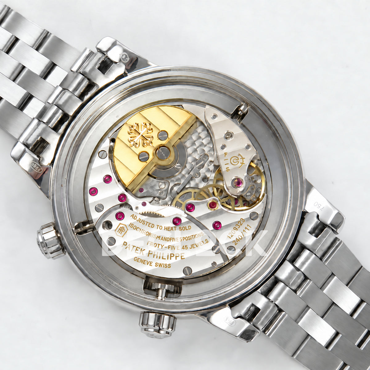 Patek Philippe Celestial 6102 BLSF replica with black dial, gem-set bezel and steel bracelet — angled open movement