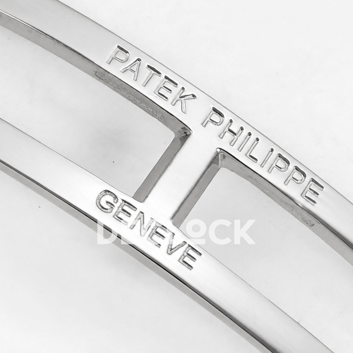 Patek Philippe Celestial 6102 BLSF replica with black dial, gem-set bezel and steel bracelet — clasp brand engraving