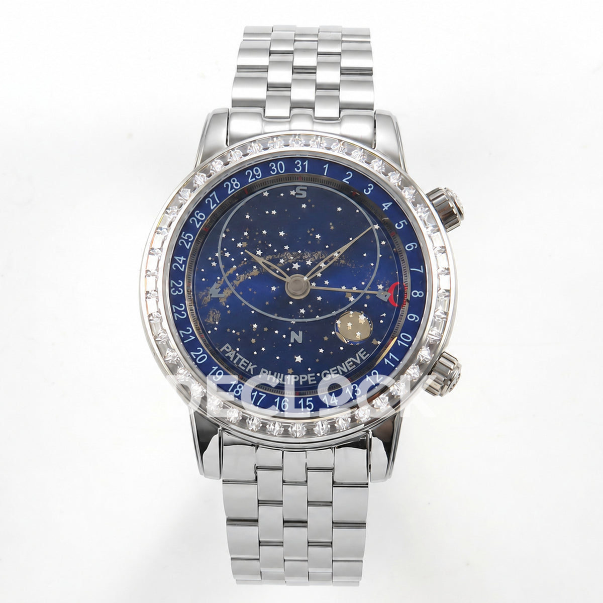 Patek Philippe Celestial 6102 BLSF replica with blue dial, gem-set bezel and steel bracelet — full front view