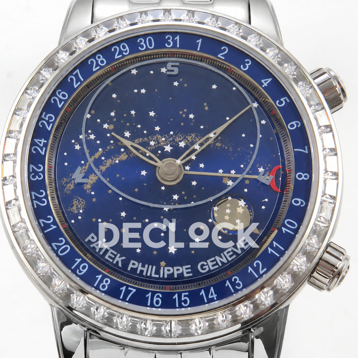Patek Philippe Celestial 6102 BLSF replica with blue dial, gem-set bezel and steel bracelet — front dial close-up