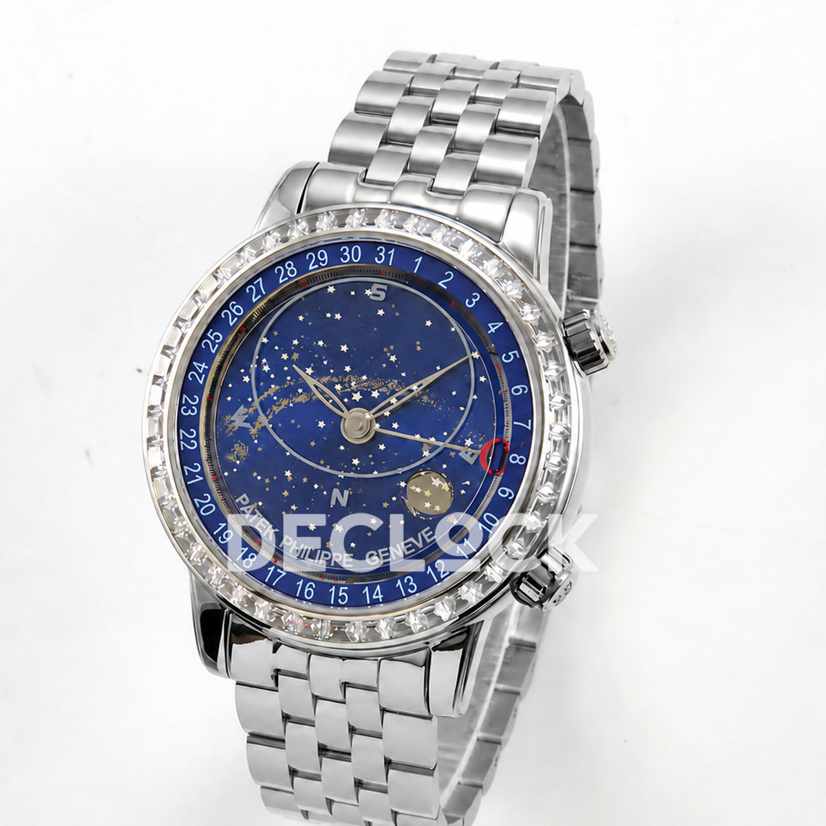 Patek Philippe Celestial 6102 BLSF replica with blue dial, gem-set bezel and steel bracelet — angled front view