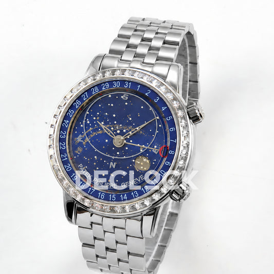 Patek Philippe Celestial 6102 BLSF replica with blue dial, gem-set bezel and steel bracelet — angled front view