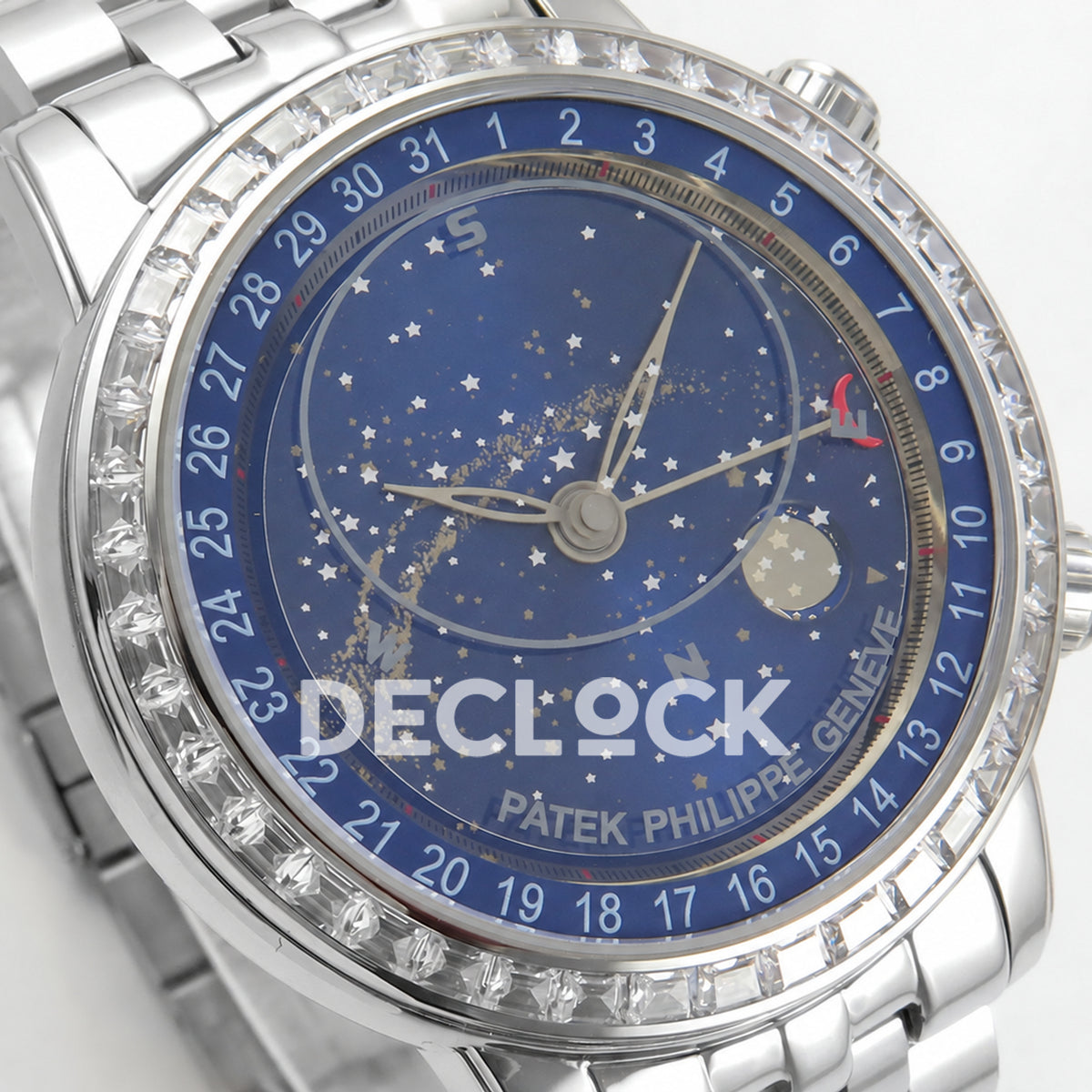 Patek Philippe Celestial 6102 BLSF replica with blue dial, gem-set bezel and steel bracelet — dial close-up from above