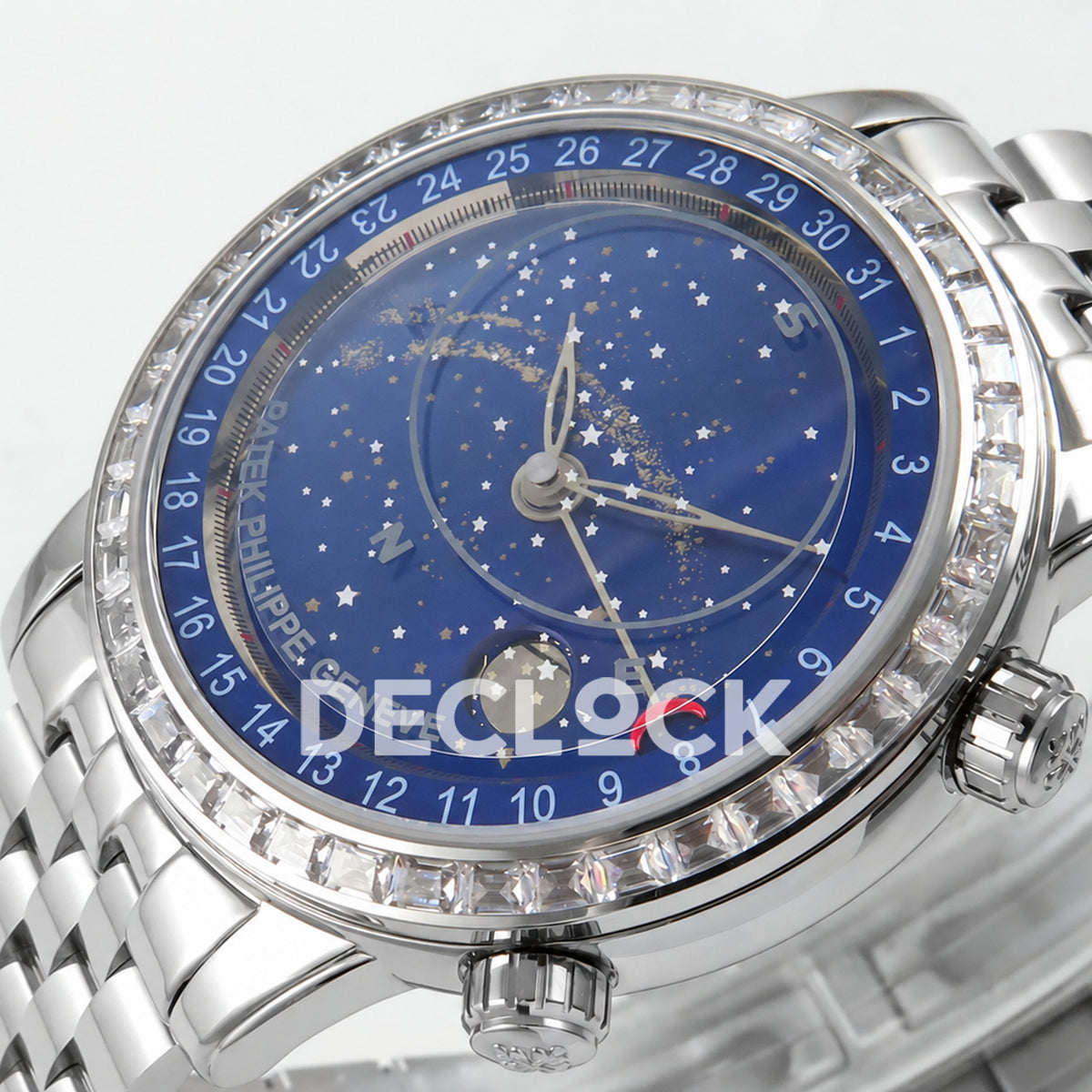 Patek Philippe Celestial 6102 BLSF replica with blue dial, gem-set bezel and steel bracelet — low-angle crown-side dial